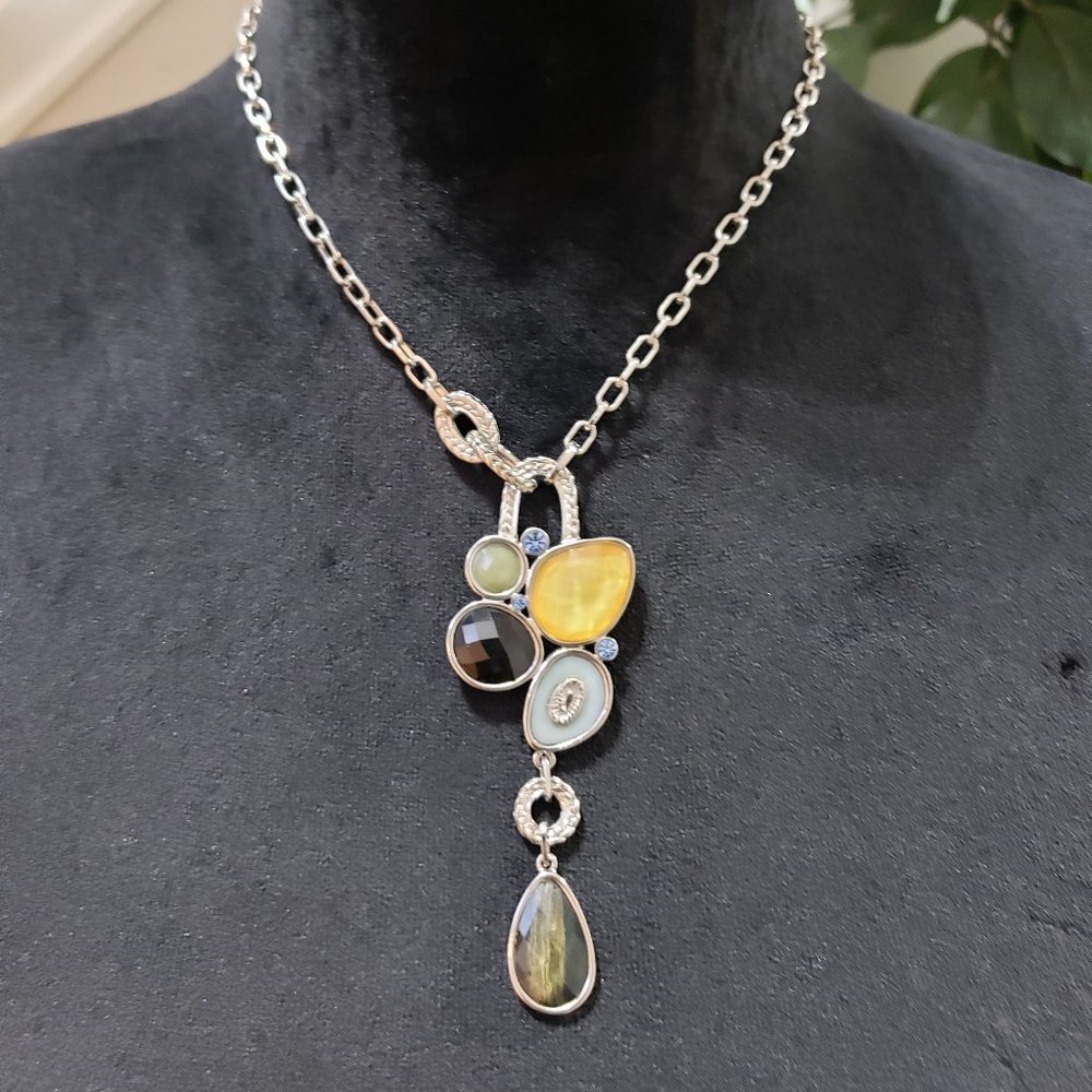 Lia Sophia Silver Tone Cut‎ Crystal Mother Of Pearl Resin Necklace with Lobster
